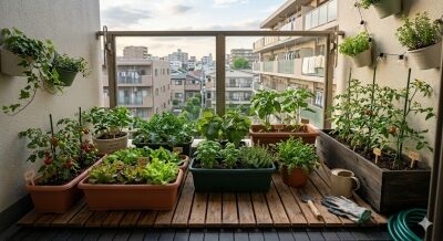 マンションのベランダにすのこを敷き、その上で野菜栽培