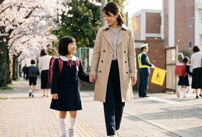新1年生の付き添い登校見出し