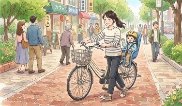 車道で自転車を押しながら歩く