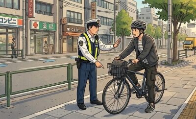 自転車が警察に青切符の取締りを受ける画像