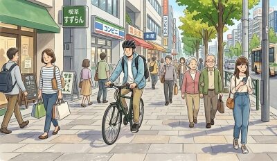自転車が歩道を徐行で走る画像
